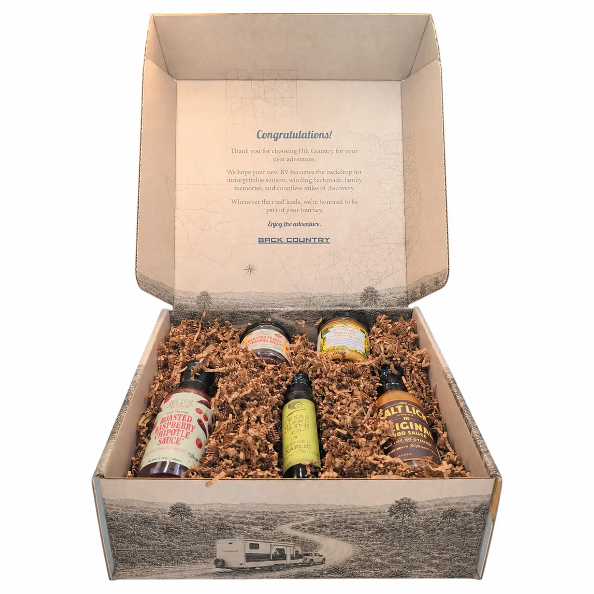 Back Country RV customer welcome gift box concept with custom printed lid