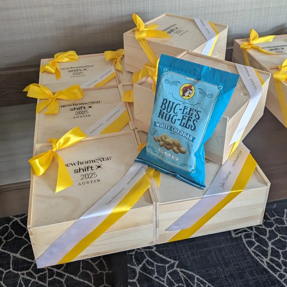 New Home Star SHIFT 2025 engraved wood gift boxes prepared for an Austin event